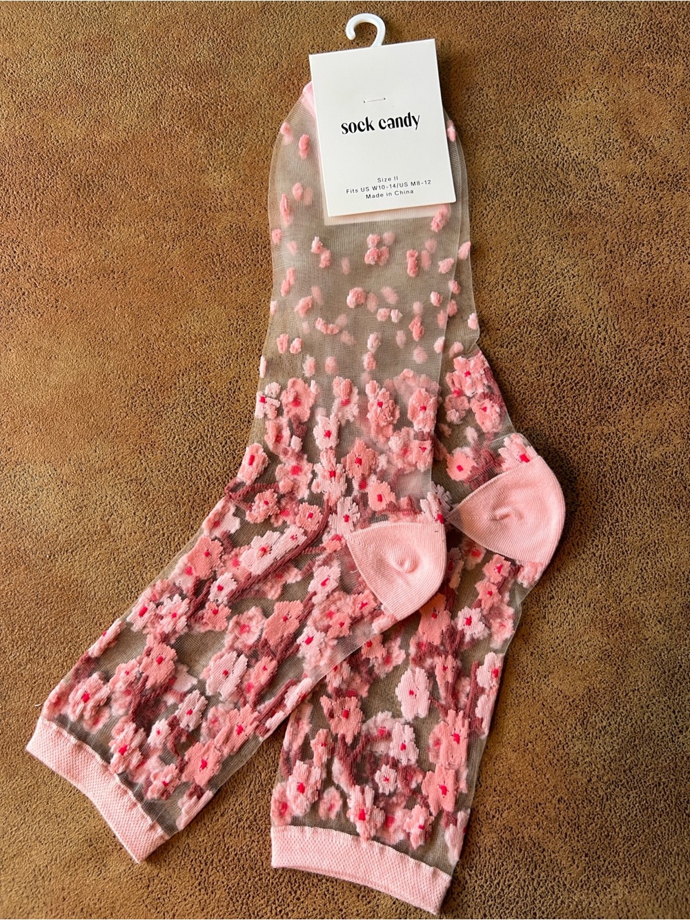 NWT Sock Candy cherry Blossom Pink Floral Sheer crew trouser Socks. Size W 10-14